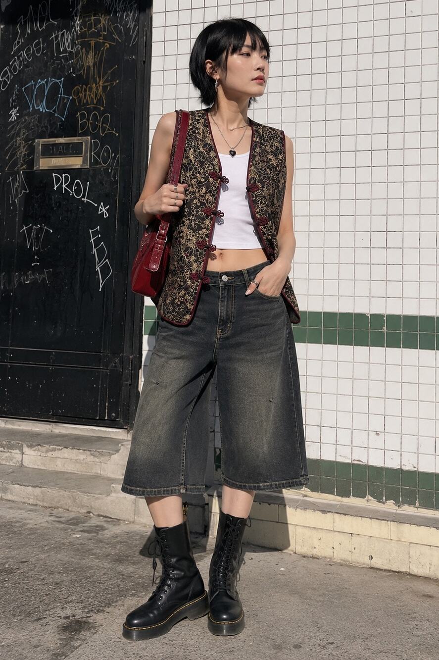 Peony Vintage Silk Brocade Floral Frog Closure Longline Vest M